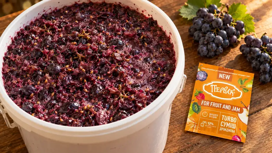 Виноградні вичавки в бродильній ємності поруч із пакетом Первак Fruit and Jam